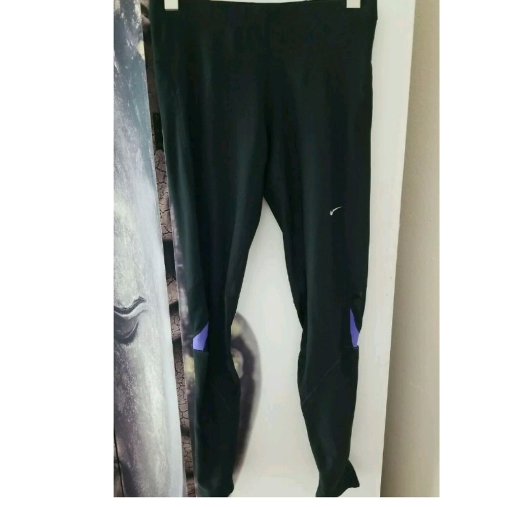 Nike Dri Fit Running Black w/ Purple Tights Stretch Workout Size S Ankle Zipper